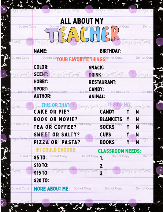 About my Teacher Sheet